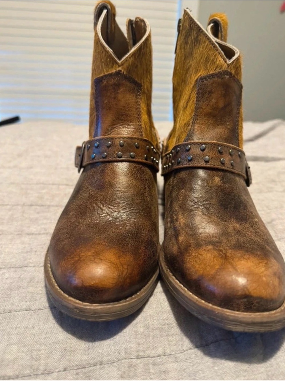 Women's Brown Leather Ankle Booties with Studded Harness